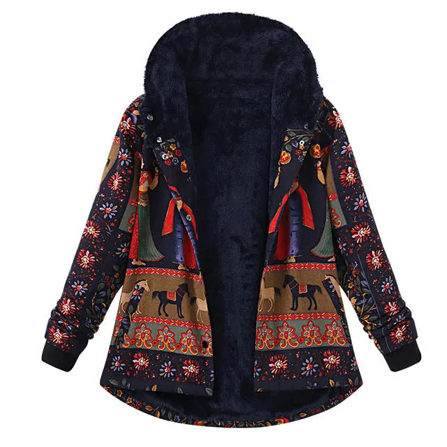 2018 Winter Celmia Vintage Women Hoodies Long Sleeve Buttons Down Jacket Boho Print Pockets Sweatshirt Coat Loose Fleece Outwear