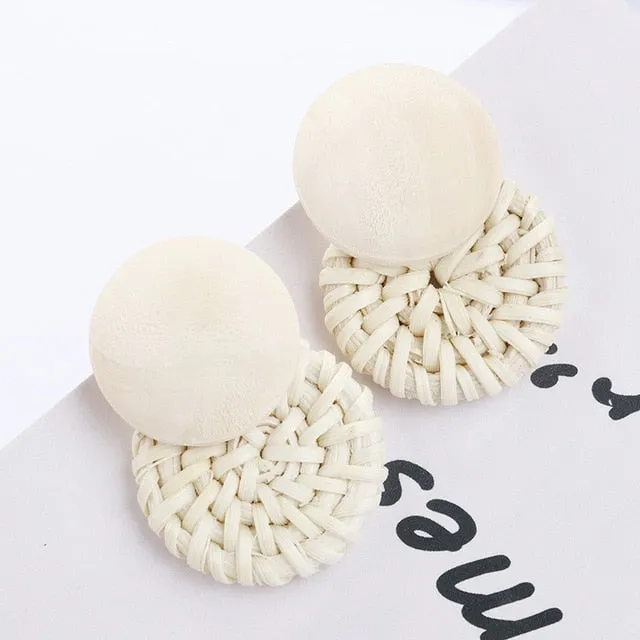 27 Style Korean Handmade Wooden Straw Weave Geometric Long Earrings