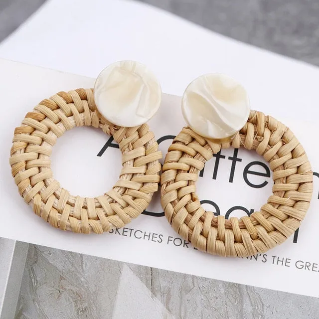 27 Style Korean Handmade Wooden Straw Weave Geometric Long Earrings