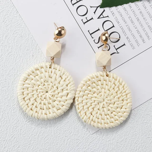 27 Style Korean Handmade Wooden Straw Weave Geometric Long Earrings