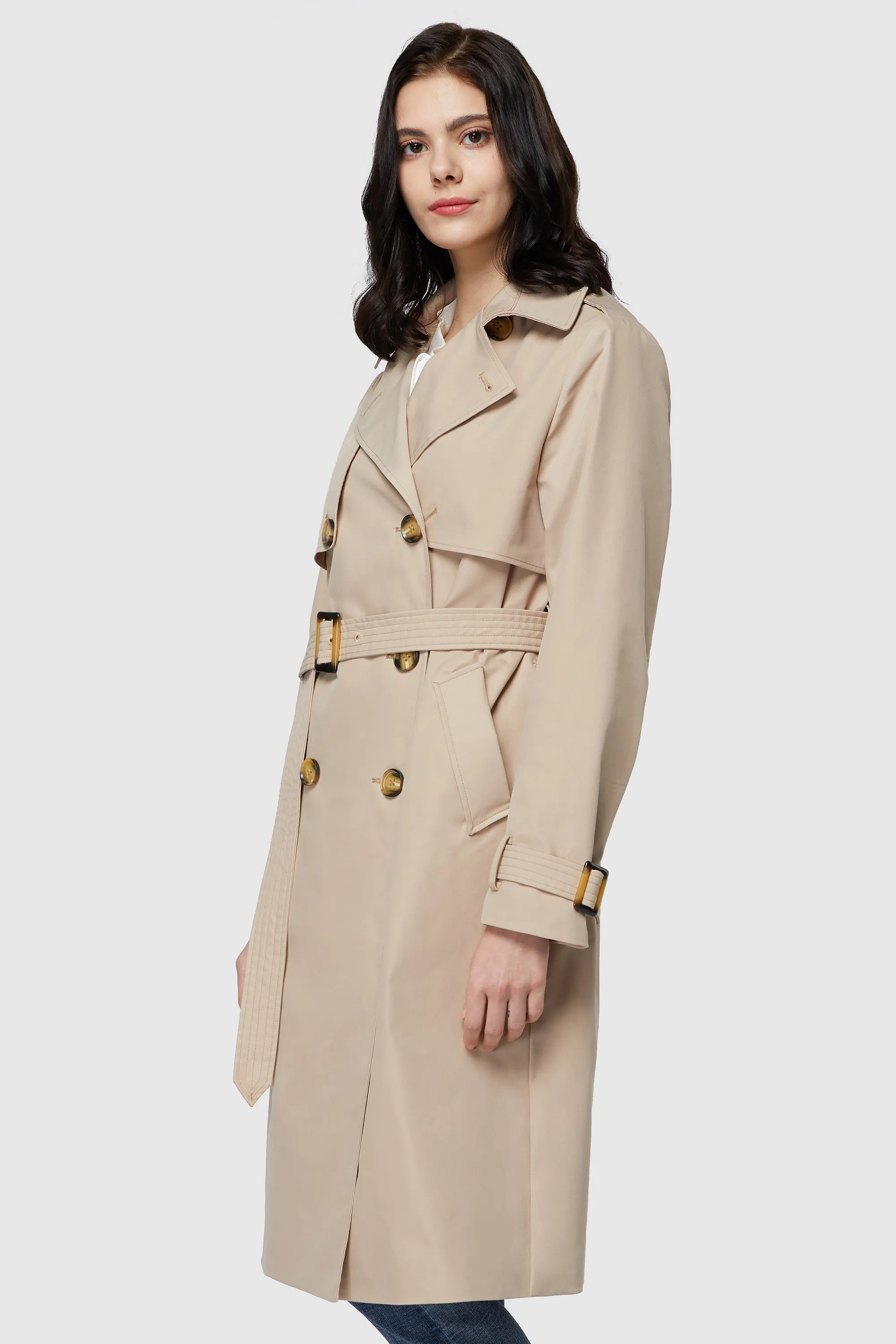 3/4 Length Belted Double-Breasted Trench Coat