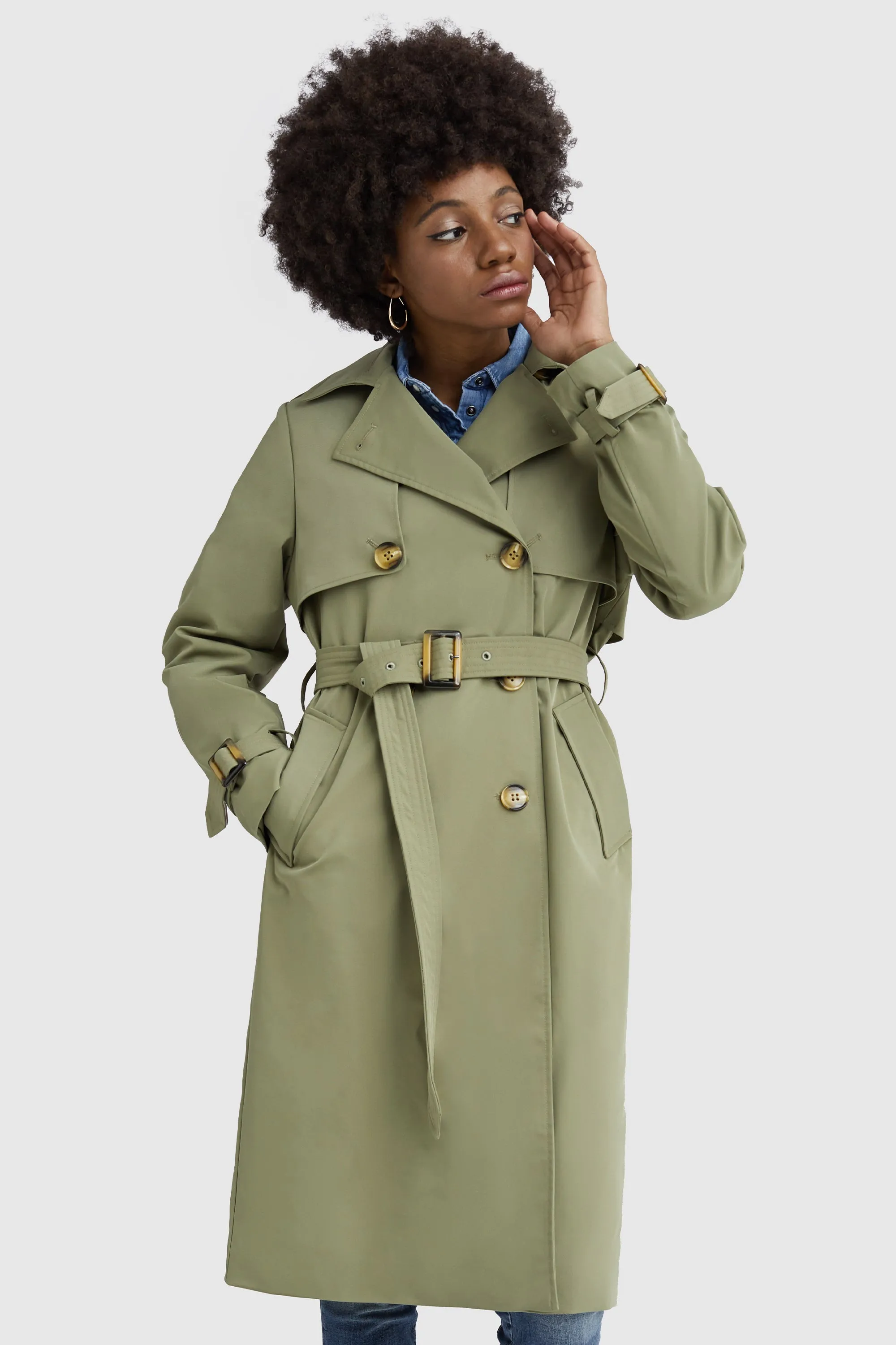 3/4 Length Belted Double-Breasted Trench Coat