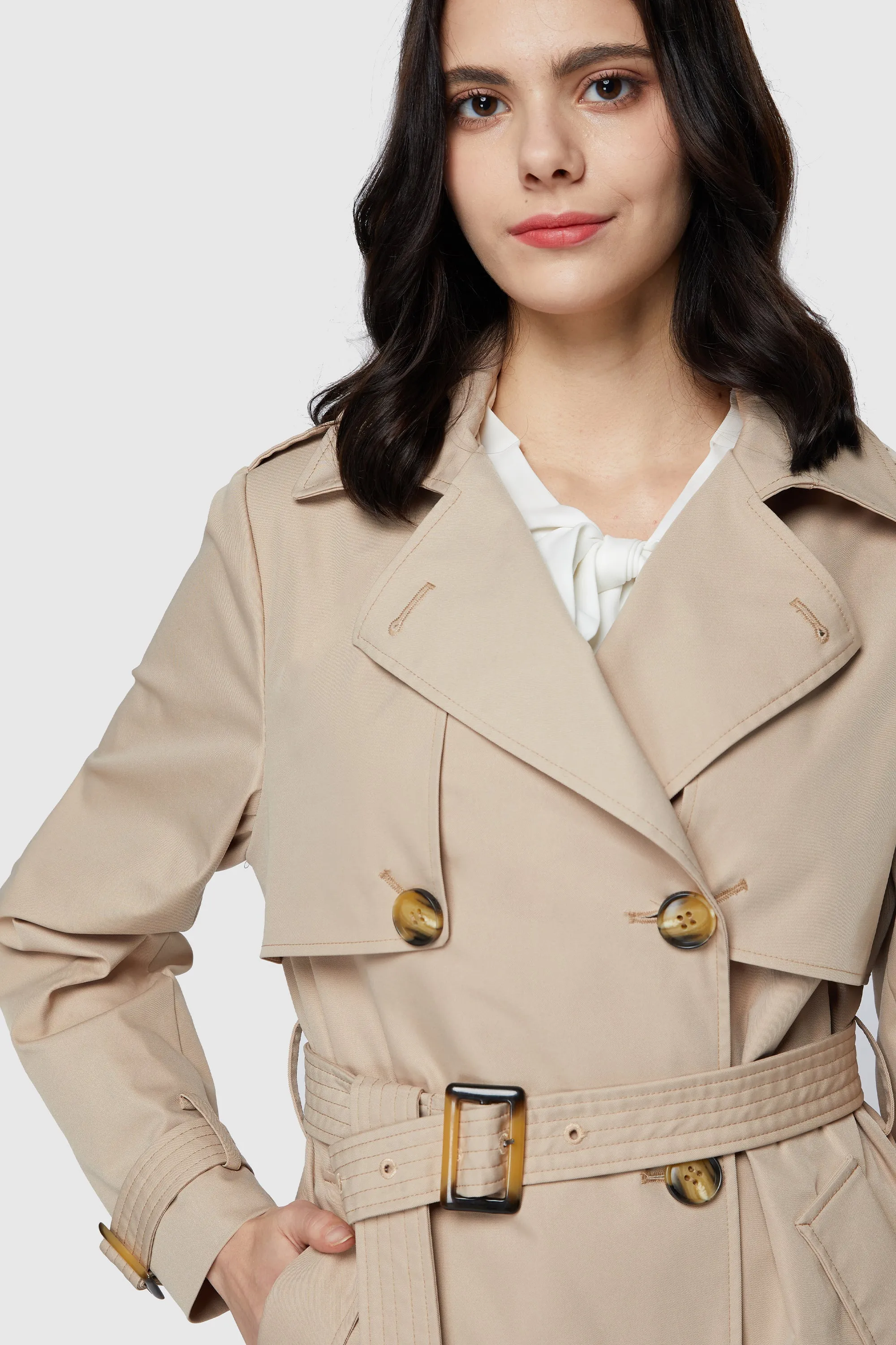 3/4 Length Belted Double-Breasted Trench Coat