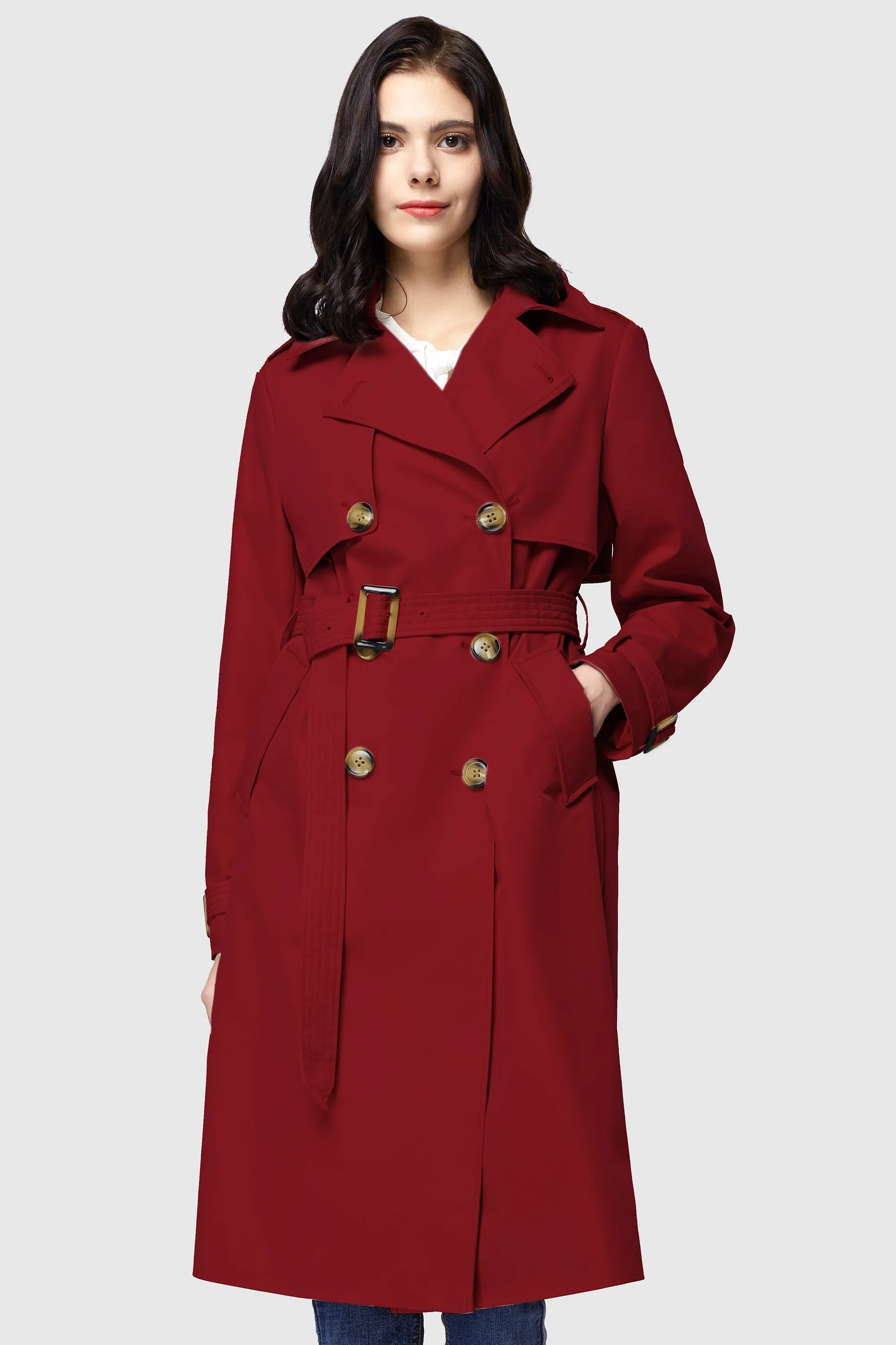 3/4 Length Belted Double-Breasted Trench Coat