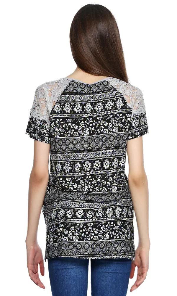 39283 Printed Lace T-Shirt - Black