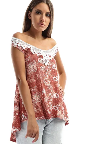 47516 Floral Crochet Top - Orange & White