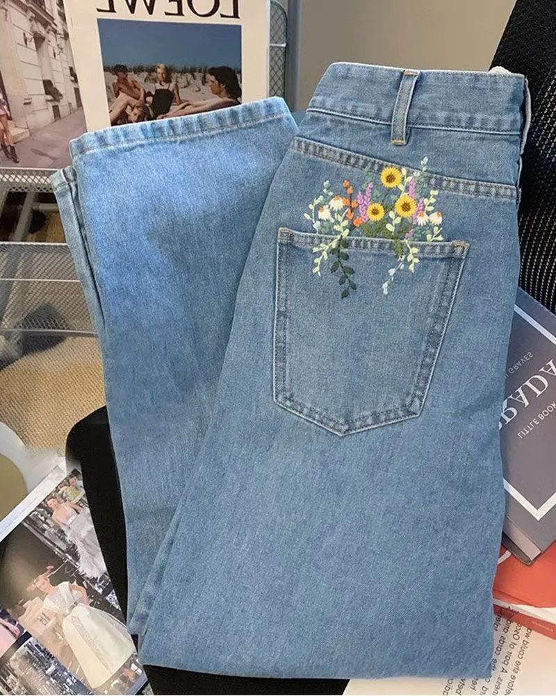 Aesthetic Floral Embroidered Flowers Pocket Jeans Casual Pants