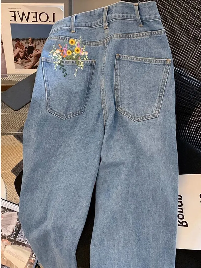 Aesthetic Floral Embroidered Flowers Pocket Jeans Casual Pants