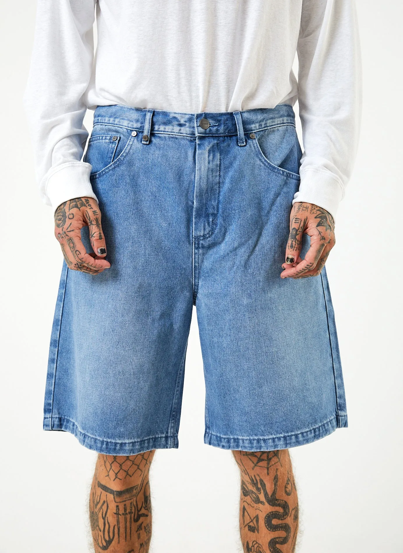 AFENDS Mens Lil C - Denim Baggy Shorts 22" - Worn Blue