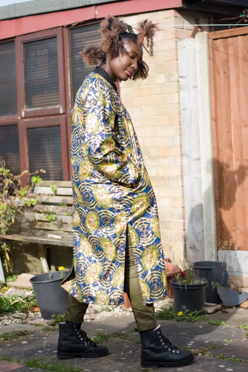 African Coat in Gold Blue Ankara Print - African Trench Coat - Festival Clothing