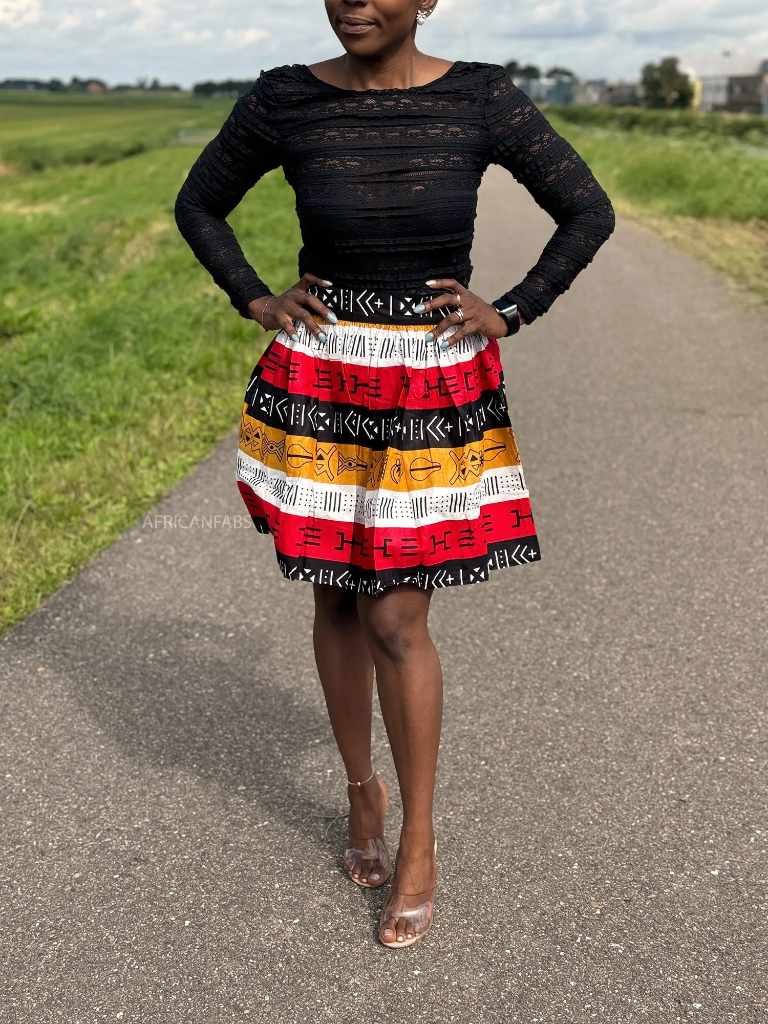 African print mini skirt - Red Bogolan Symbols