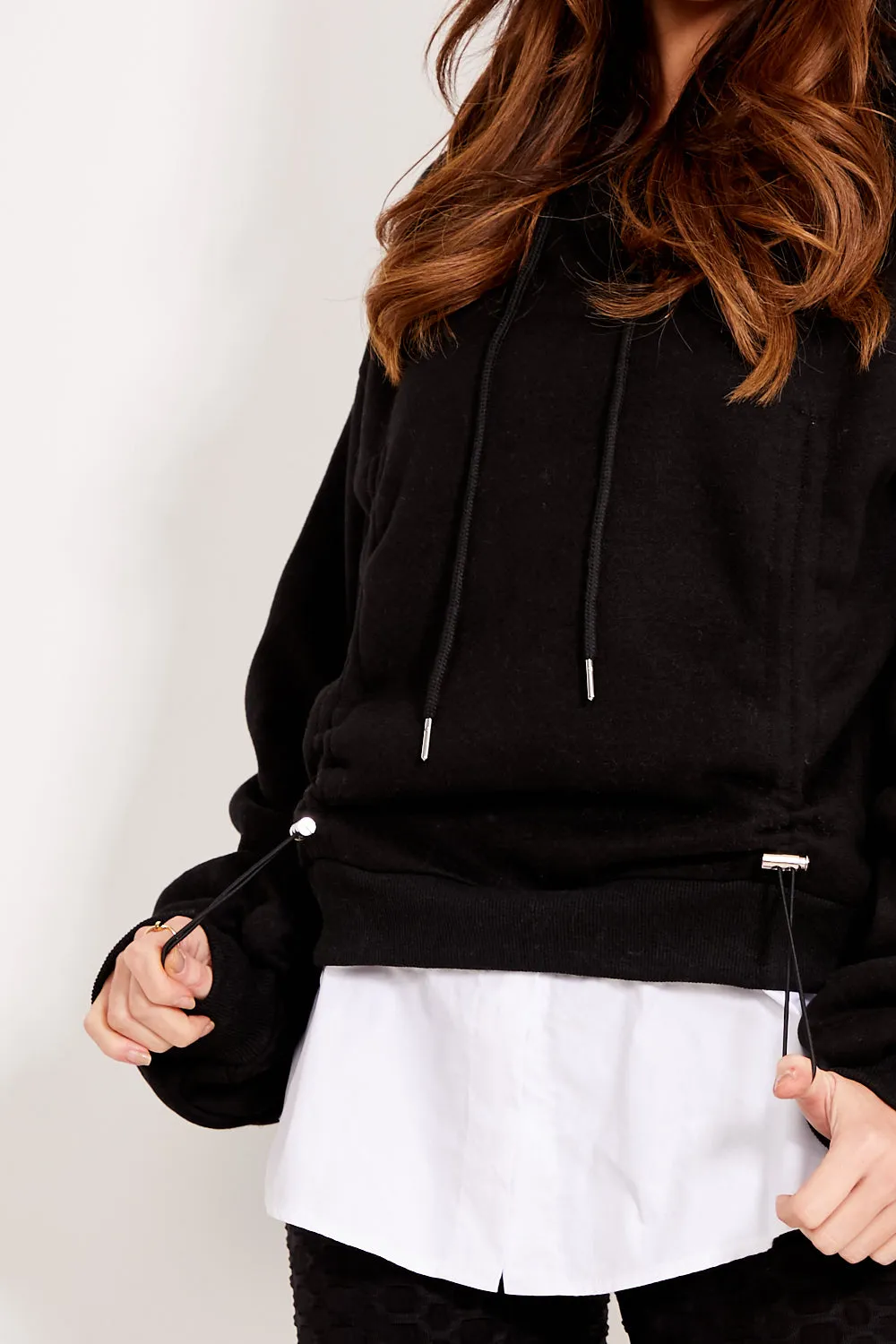 Annie Black Shirt Insert Hem Ruched Oversized Hoodie