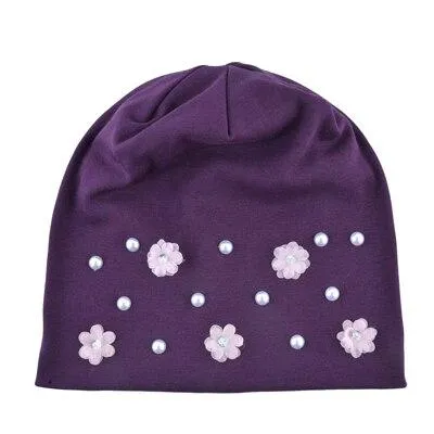 Autumn Flowers Knitted Thin Beanies Hats with Rhinestone for Women