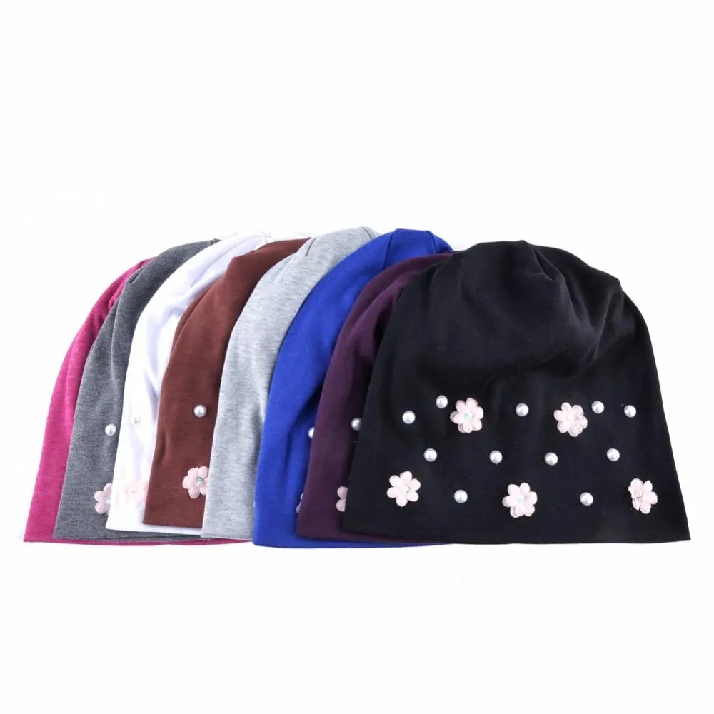 Autumn Flowers Knitted Thin Beanies Hats with Rhinestone for Women