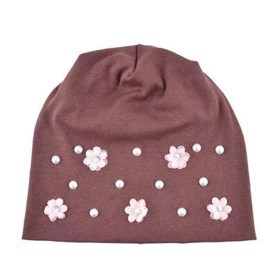 Autumn Flowers Knitted Thin Beanies Hats with Rhinestone for Women