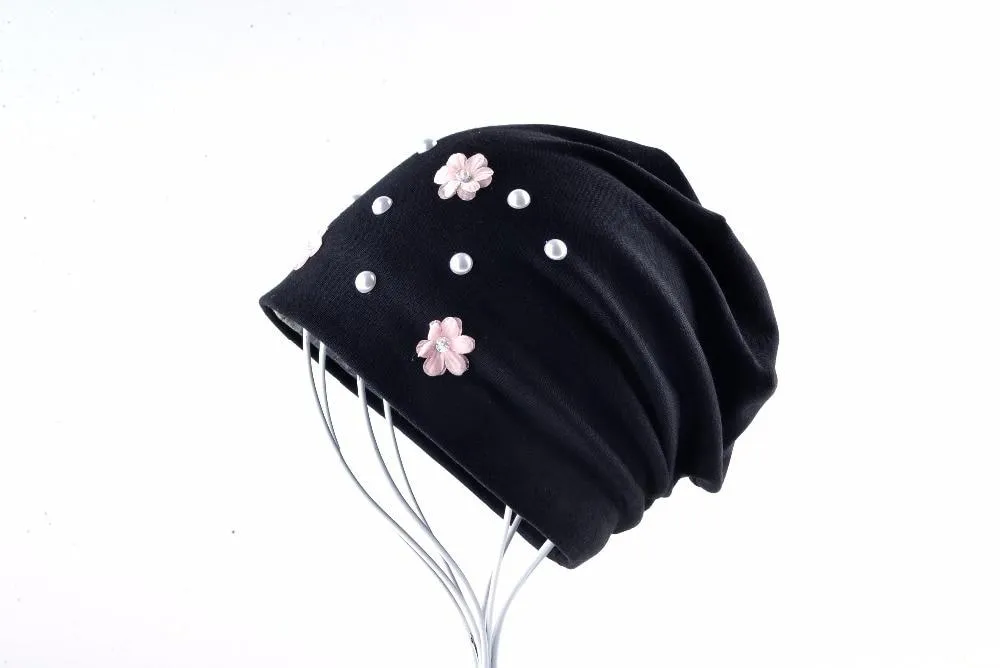 Autumn Flowers Knitted Thin Beanies Hats with Rhinestone for Women