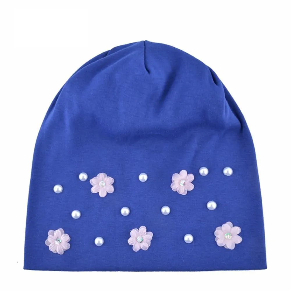 Autumn Flowers Knitted Thin Beanies Hats with Rhinestone for Women