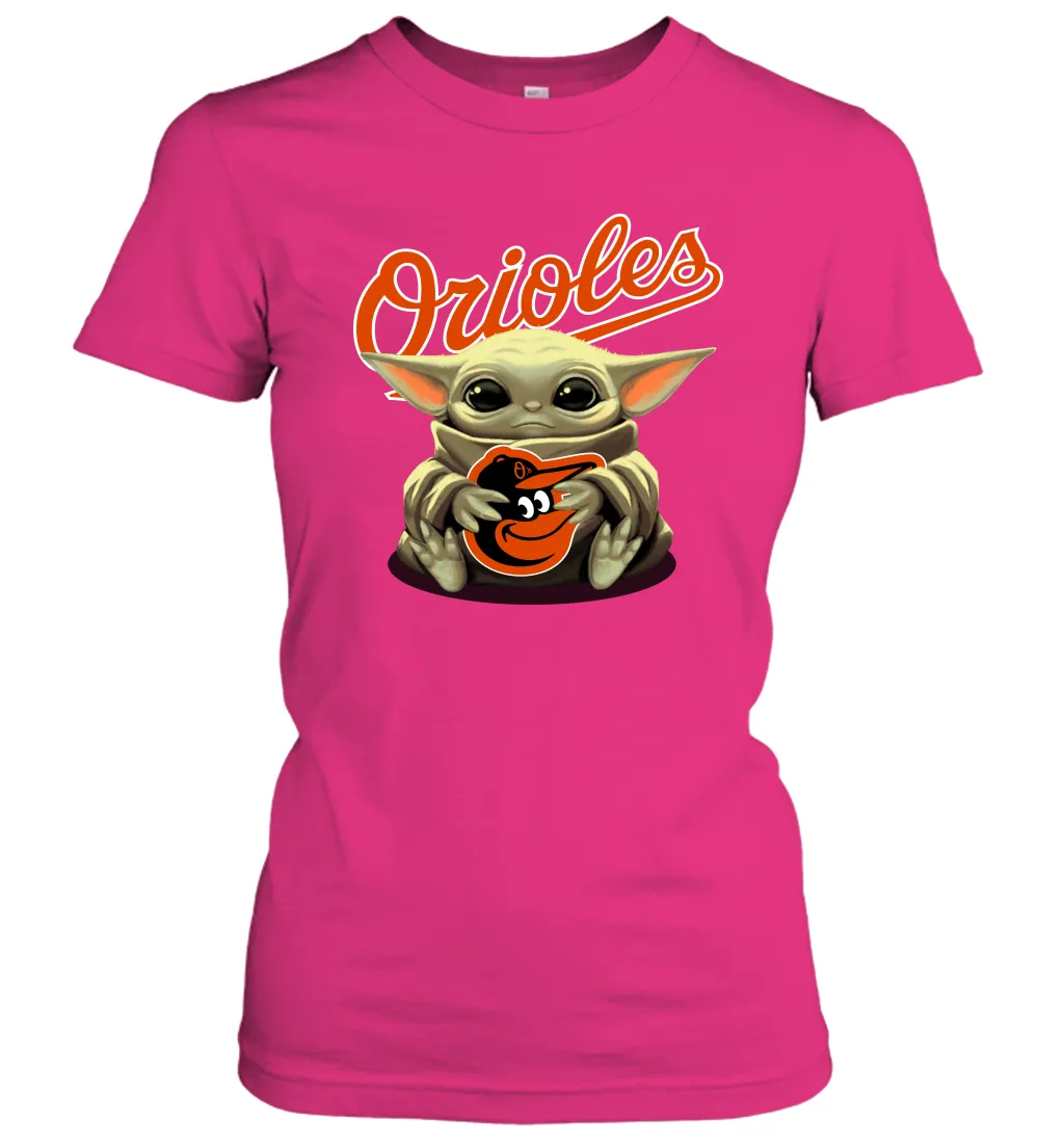 Baby Yoda Hugs Loves The Baltimore Orioles Baseball Womens T-Shirt