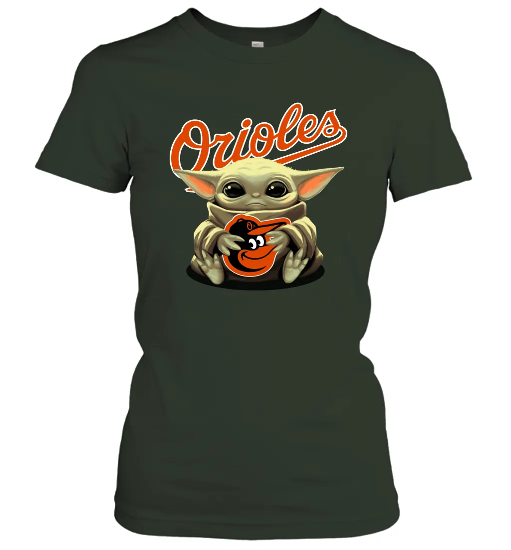 Baby Yoda Hugs Loves The Baltimore Orioles Baseball Womens T-Shirt