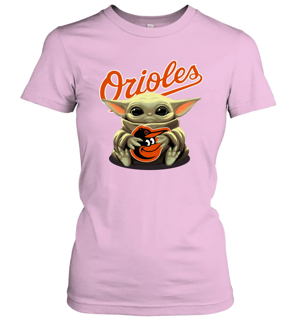 Baby Yoda Hugs Loves The Baltimore Orioles Baseball Womens T-Shirt