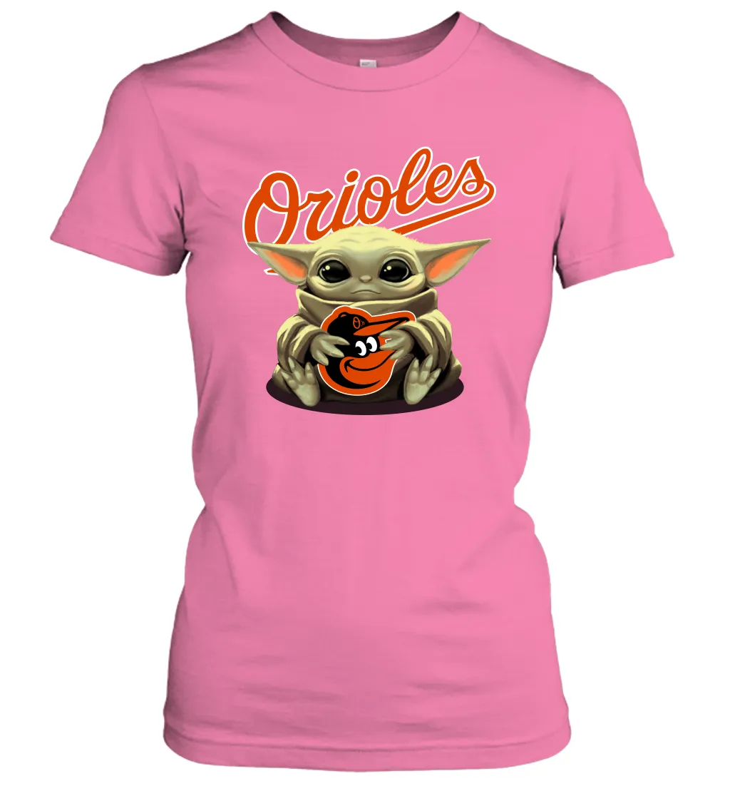 Baby Yoda Hugs Loves The Baltimore Orioles Baseball Womens T-Shirt