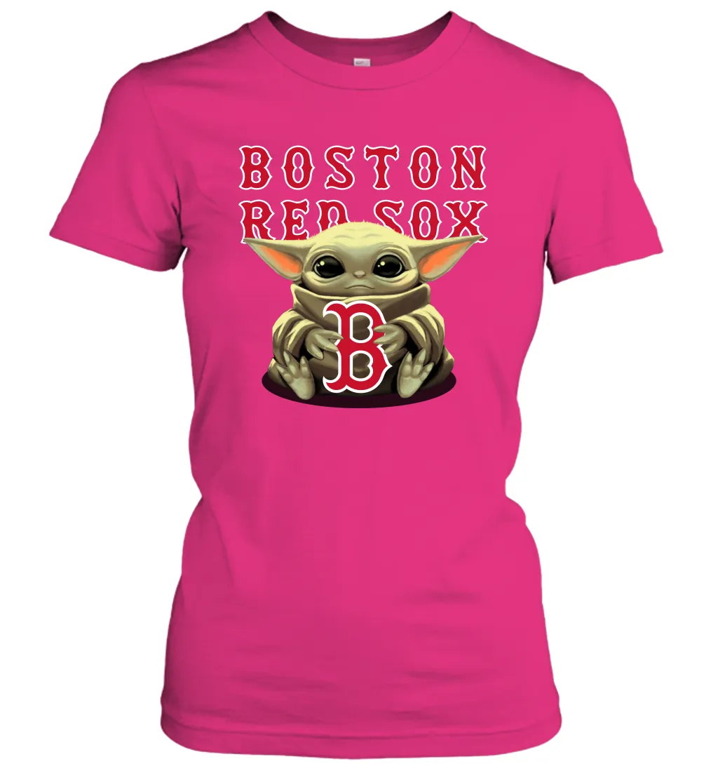 Baby Yoda Hugs Loves The Boston Red Sox Baseball Womens T-Shirt