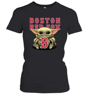 Baby Yoda Hugs Loves The Boston Red Sox Baseball Womens T-Shirt