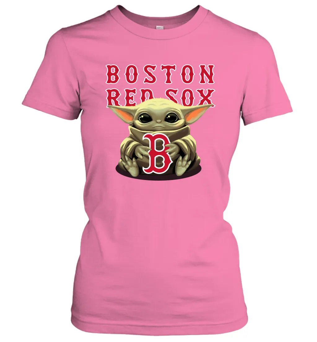 Baby Yoda Hugs Loves The Boston Red Sox Baseball Womens T-Shirt