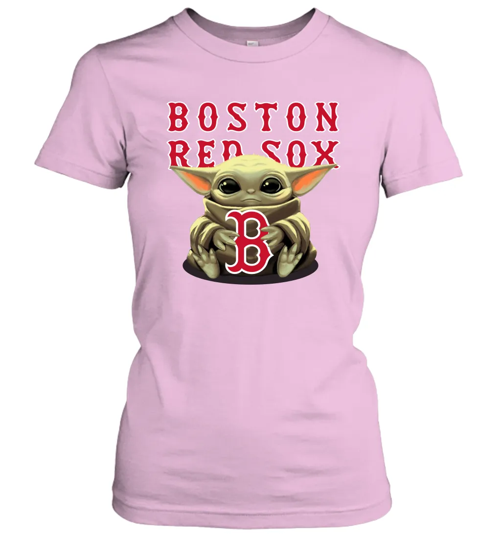 Baby Yoda Hugs Loves The Boston Red Sox Baseball Womens T-Shirt