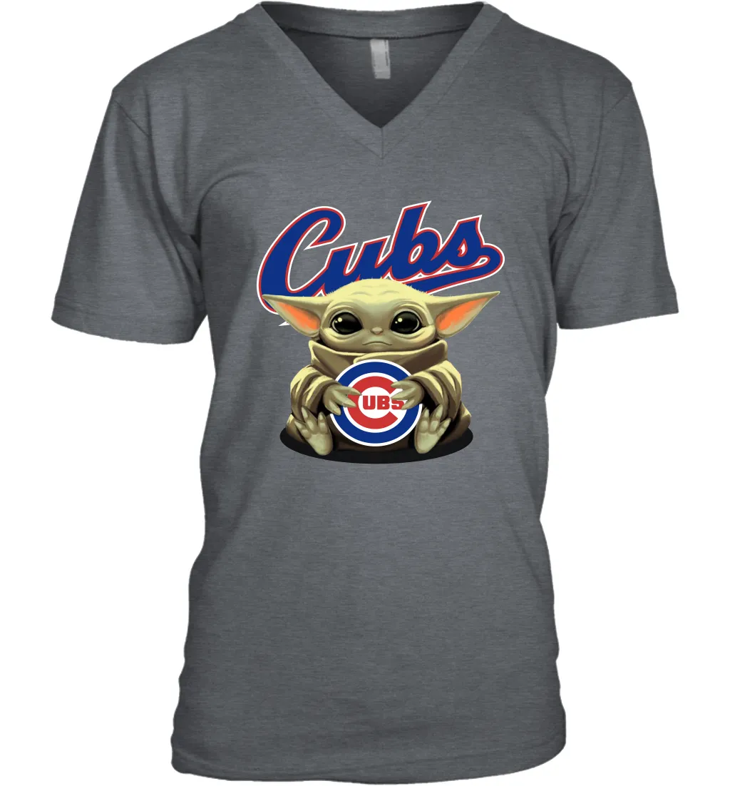 Baby Yoda Hugs Loves The Chicago Cubs Baseball Mens V-Neck T-Shirt