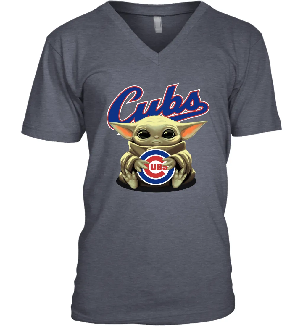 Baby Yoda Hugs Loves The Chicago Cubs Baseball Mens V-Neck T-Shirt