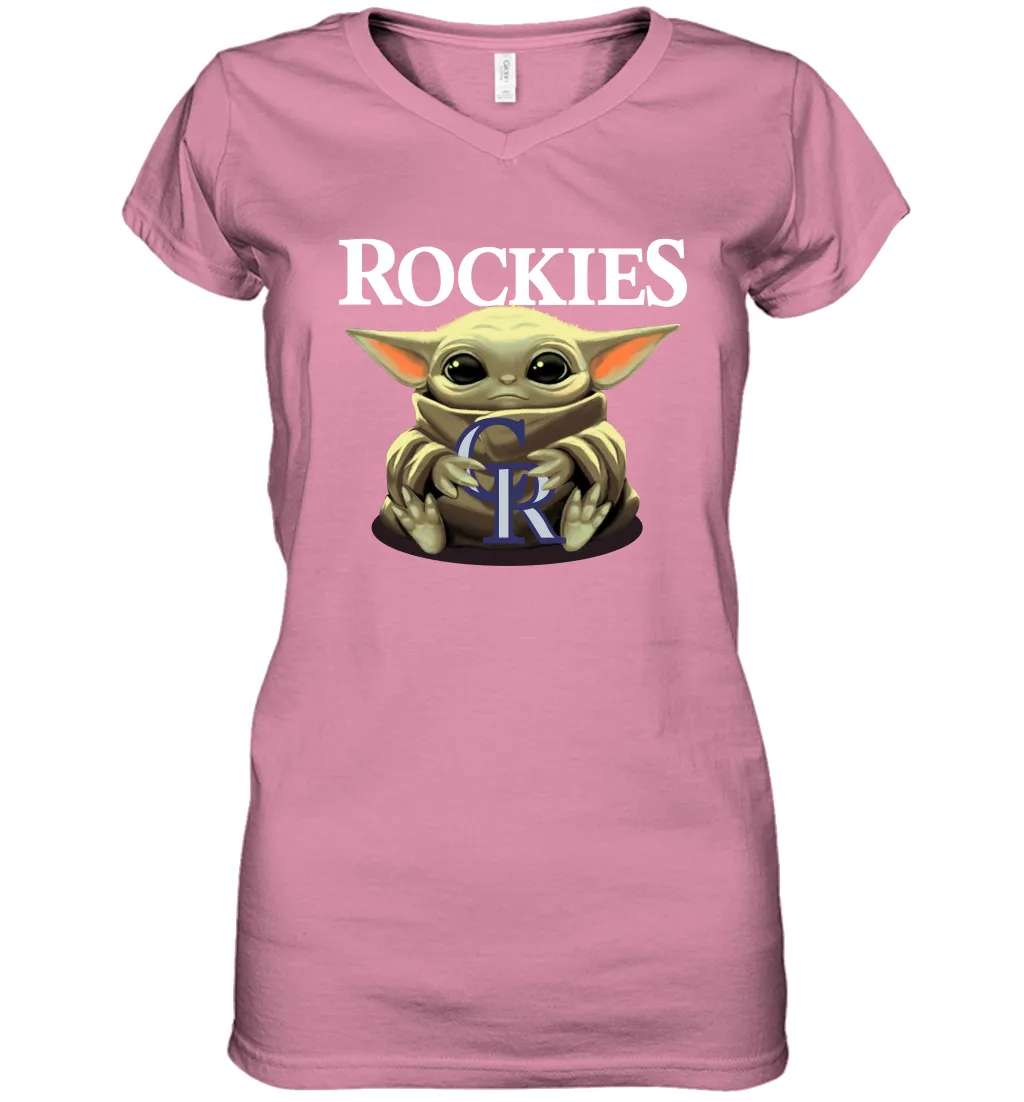 Baby Yoda Hugs Loves The Colorado Rockies Baseball Womens V-Neck T-Shirt