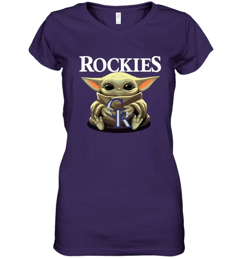 Baby Yoda Hugs Loves The Colorado Rockies Baseball Womens V-Neck T-Shirt