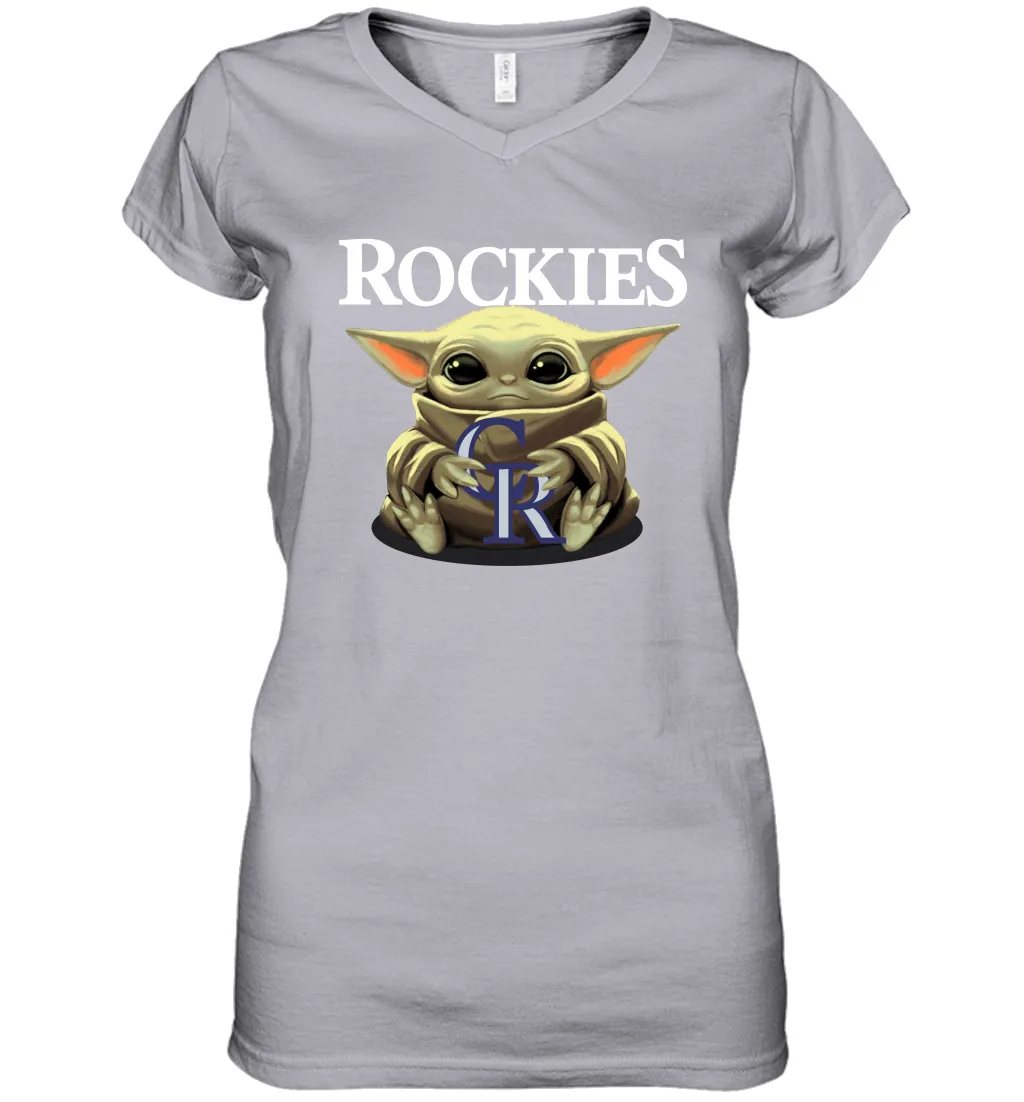 Baby Yoda Hugs Loves The Colorado Rockies Baseball Womens V-Neck T-Shirt