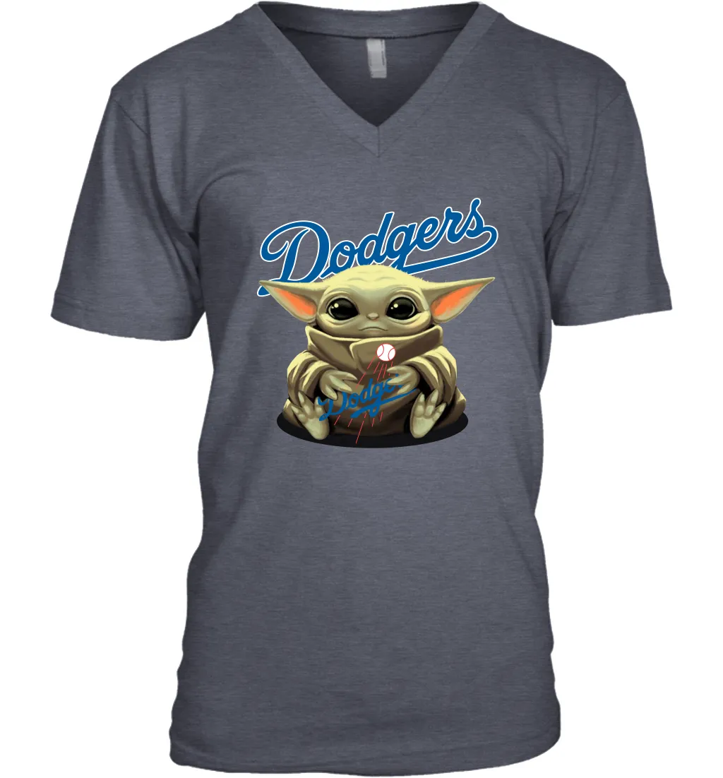 Baby Yoda Hugs Loves The Los Angeles Dodgers Baseball Mens V-Neck T-Shirt