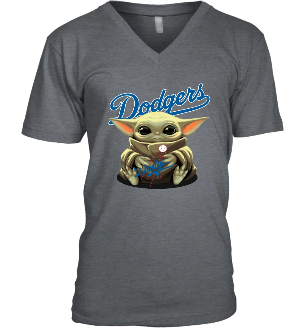 Baby Yoda Hugs Loves The Los Angeles Dodgers Baseball Mens V-Neck T-Shirt