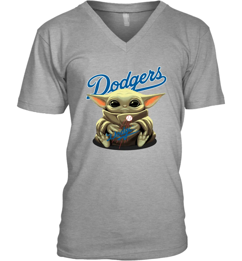 Baby Yoda Hugs Loves The Los Angeles Dodgers Baseball Mens V-Neck T-Shirt