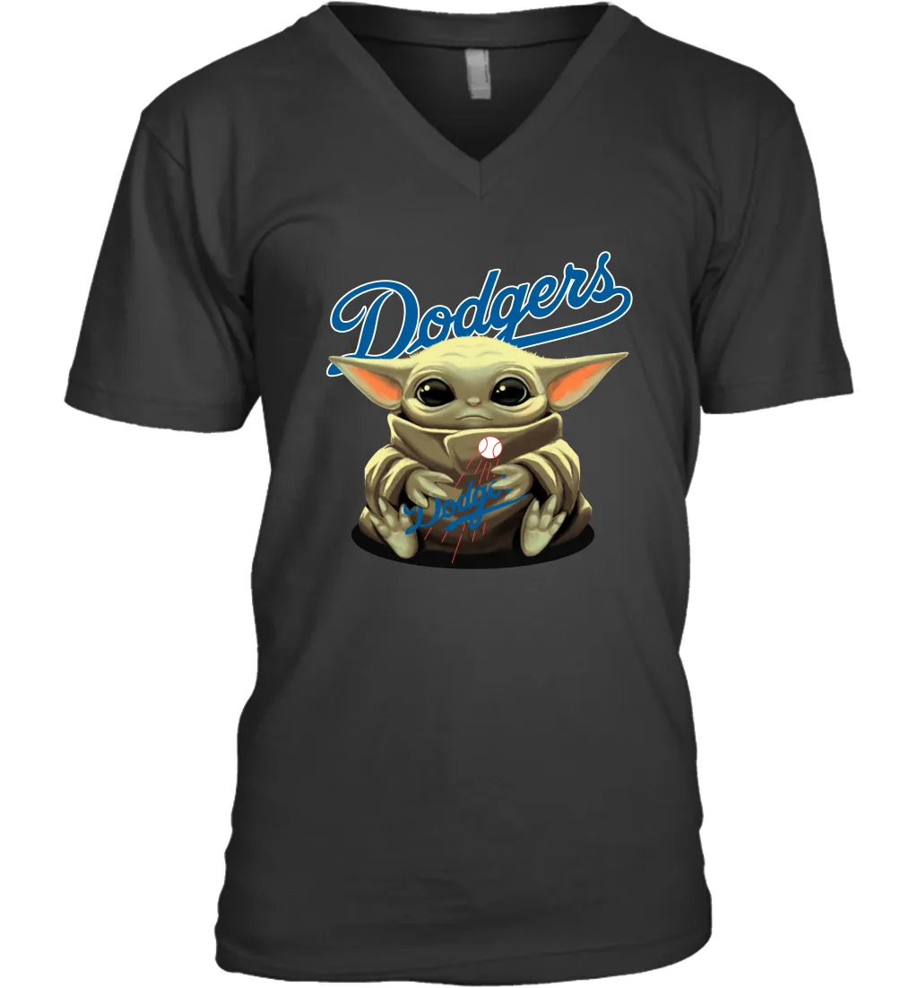 Baby Yoda Hugs Loves The Los Angeles Dodgers Baseball Mens V-Neck T-Shirt