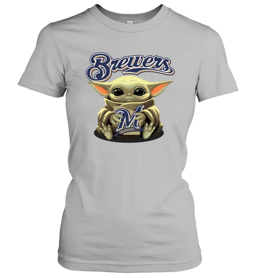 Baby Yoda Hugs Loves The Milwaukee Brewers Baseball Womens T-Shirt