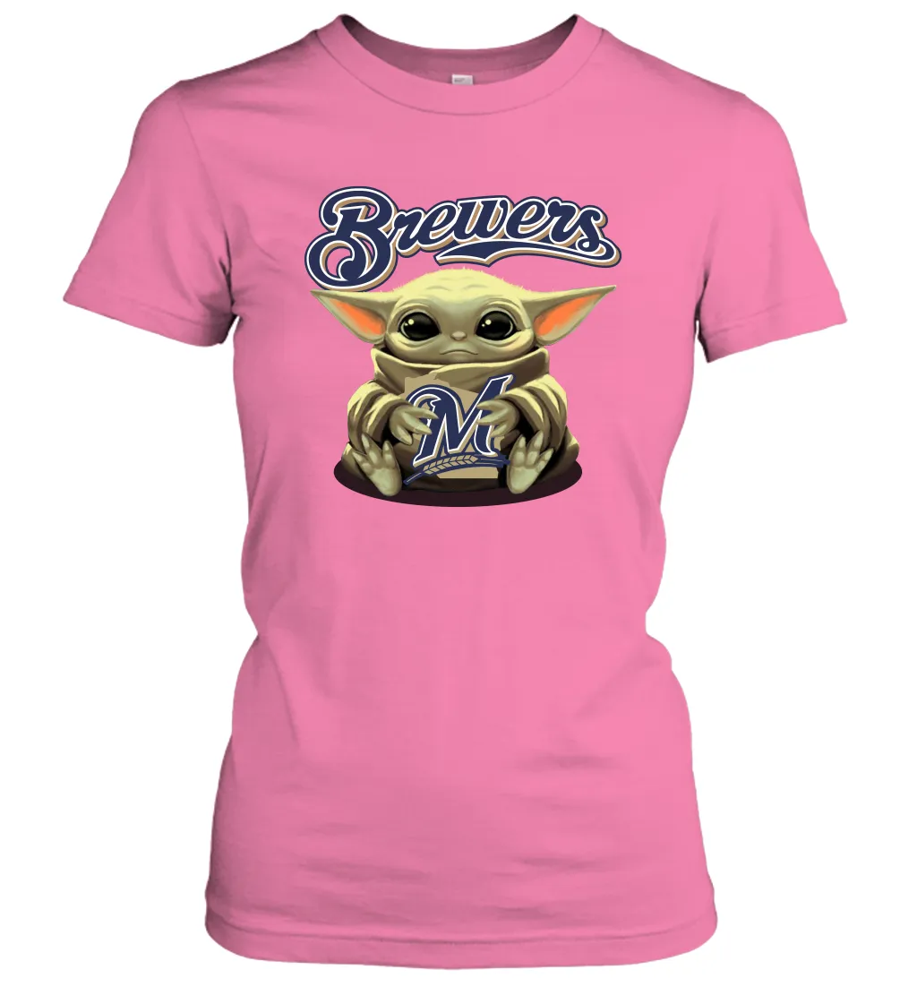 Baby Yoda Hugs Loves The Milwaukee Brewers Baseball Womens T-Shirt