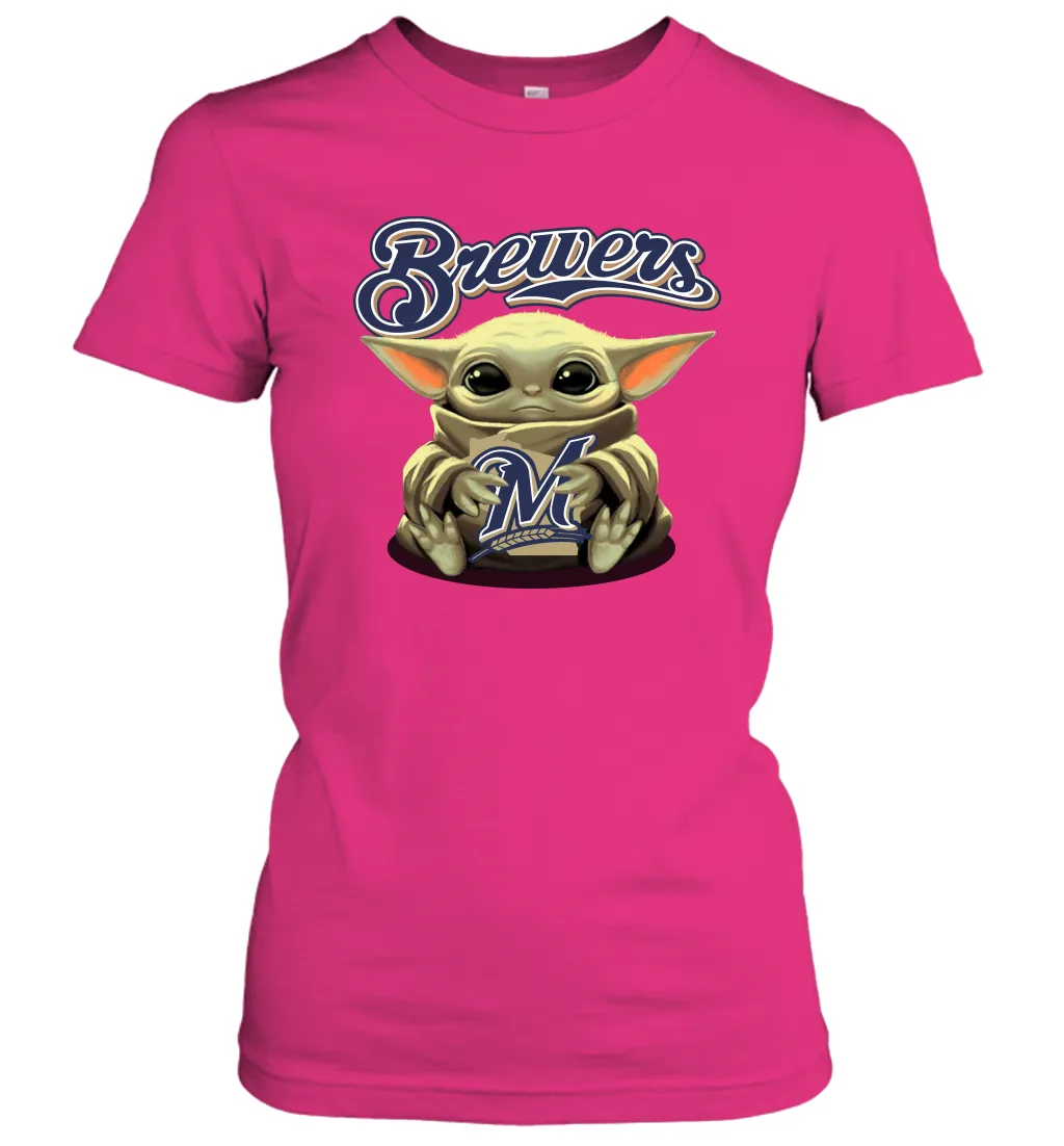 Baby Yoda Hugs Loves The Milwaukee Brewers Baseball Womens T-Shirt