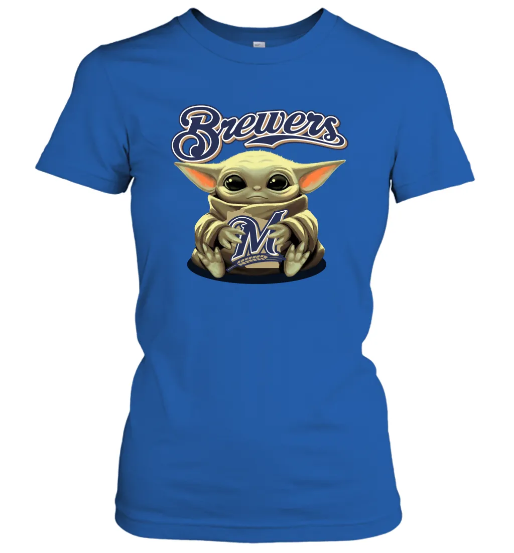 Baby Yoda Hugs Loves The Milwaukee Brewers Baseball Womens T-Shirt