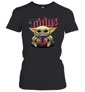 Baby Yoda Hugs Loves The Minnesota Twins Baseball Womens T-Shirt