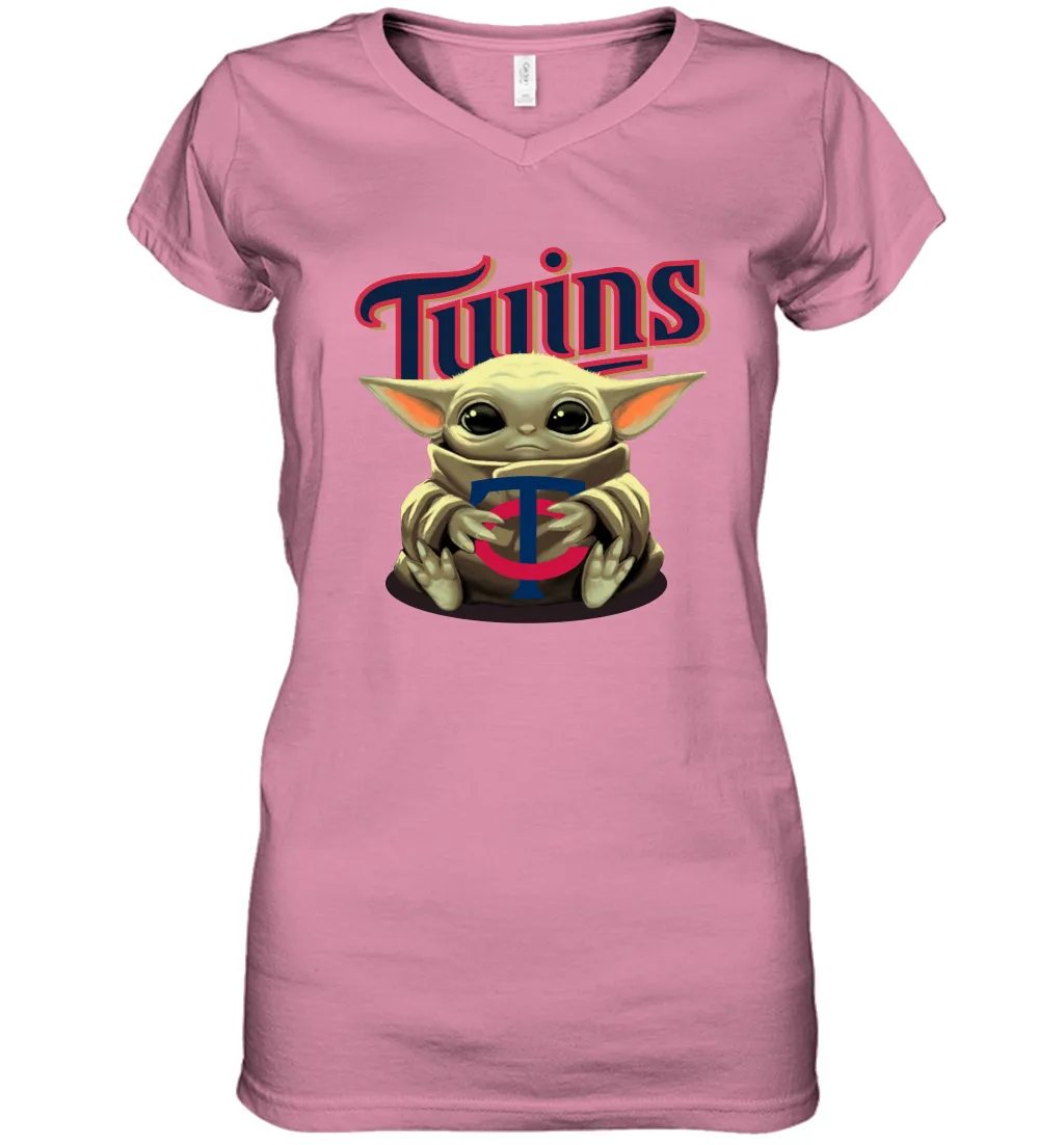 Baby Yoda Hugs Loves The Minnesota Twins Baseball Womens V-Neck T-Shirt