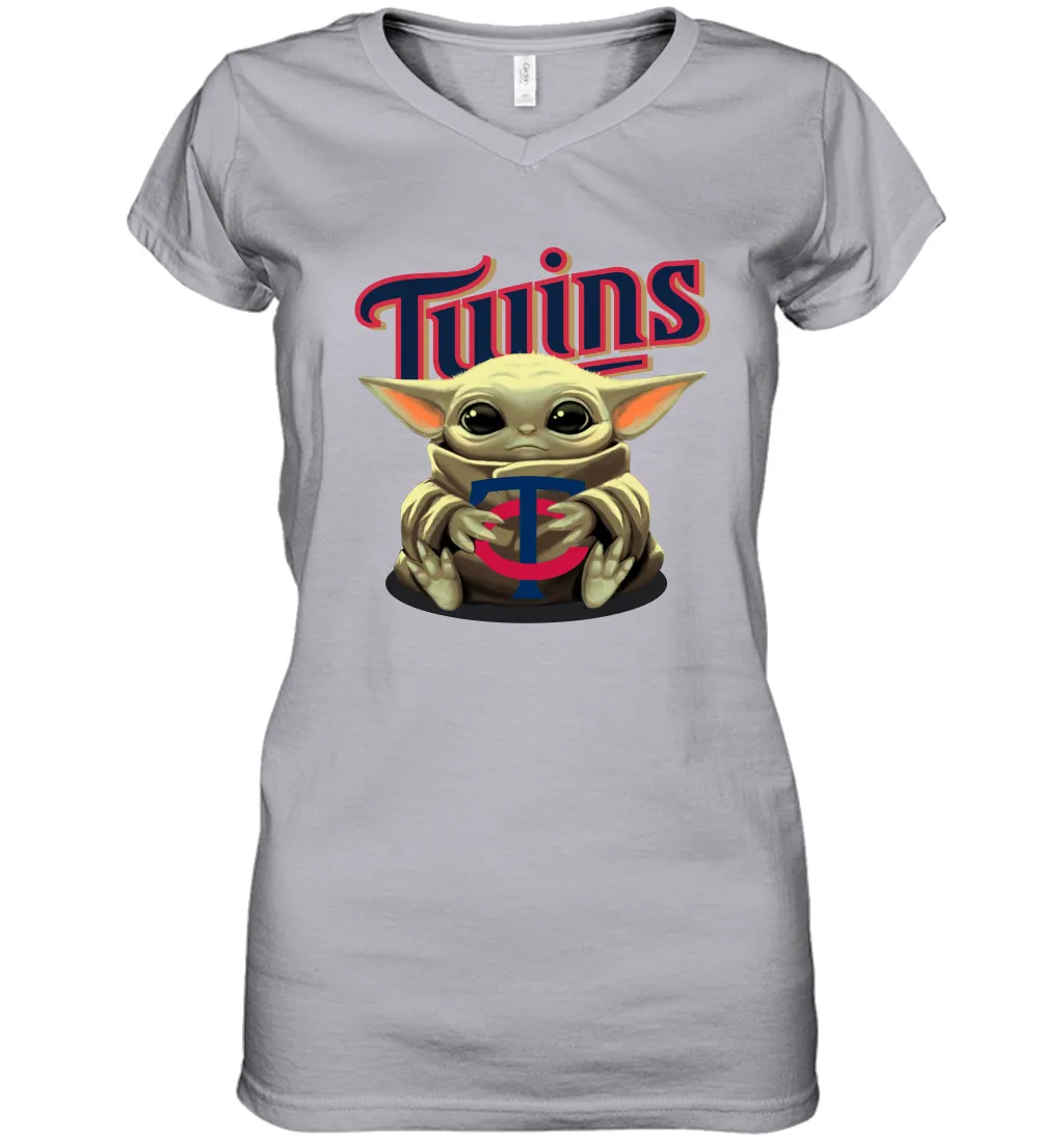 Baby Yoda Hugs Loves The Minnesota Twins Baseball Womens V-Neck T-Shirt