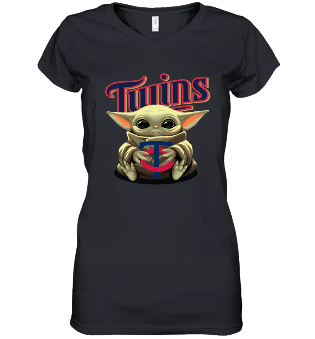 Baby Yoda Hugs Loves The Minnesota Twins Baseball Womens V-Neck T-Shirt