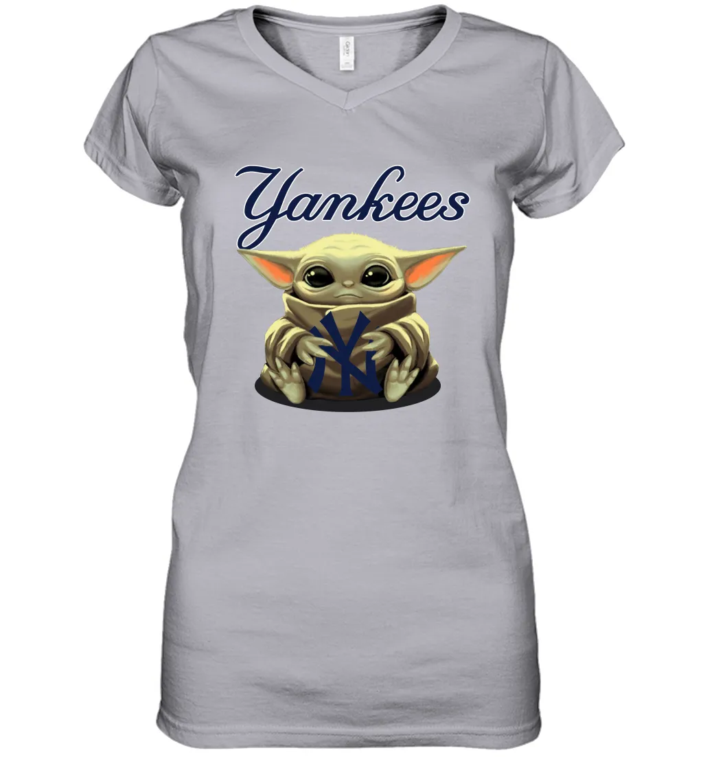 Baby Yoda Hugs Loves The New York Yankees Baseball Womens V-Neck T-Shirt