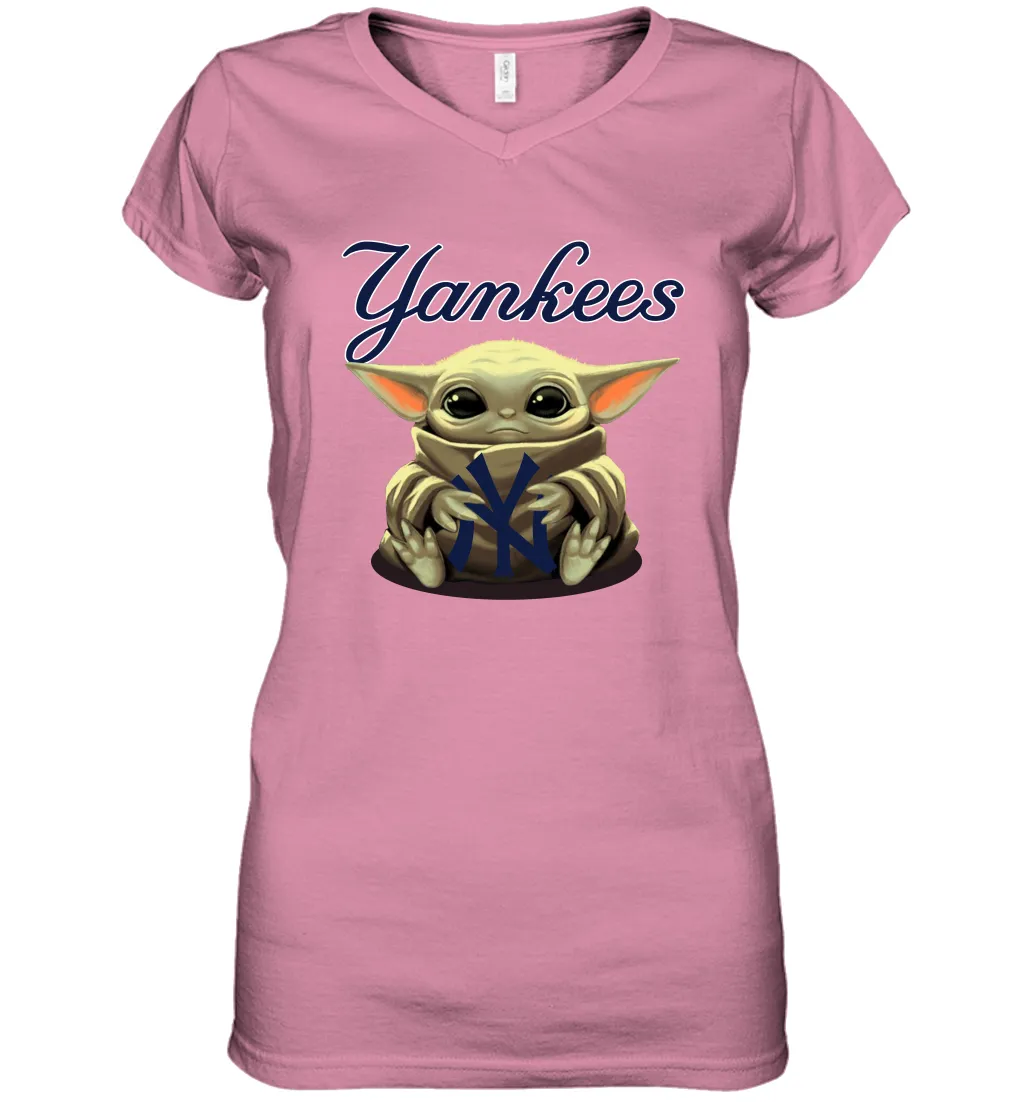 Baby Yoda Hugs Loves The New York Yankees Baseball Womens V-Neck T-Shirt