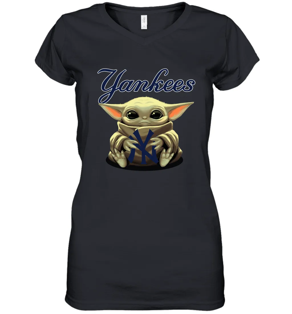 Baby Yoda Hugs Loves The New York Yankees Baseball Womens V-Neck T-Shirt