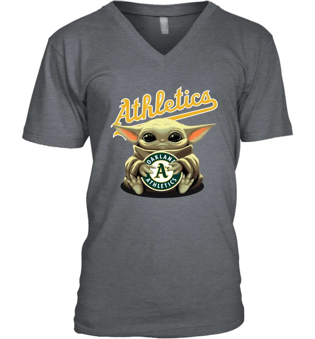 Baby Yoda Hugs Loves The Oakland Athletics Baseball Mens V-Neck T-Shirt